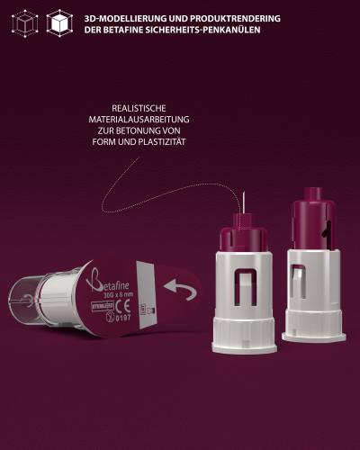 3D-Modellierung und Produktrendering Betafine Sicherheits-Penkanülen